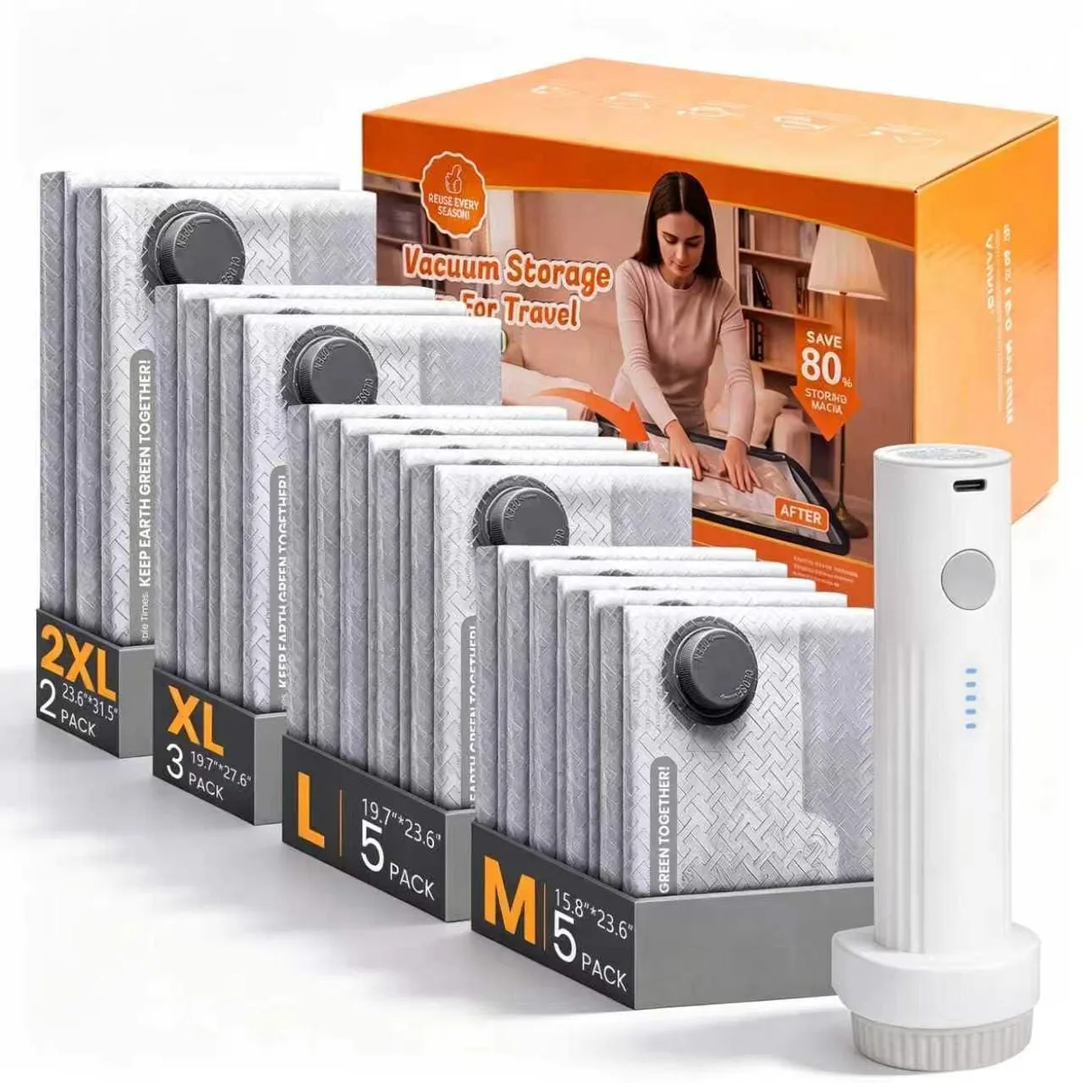 A set of fifteen vacuum storage bags in three sizes with an electric pump