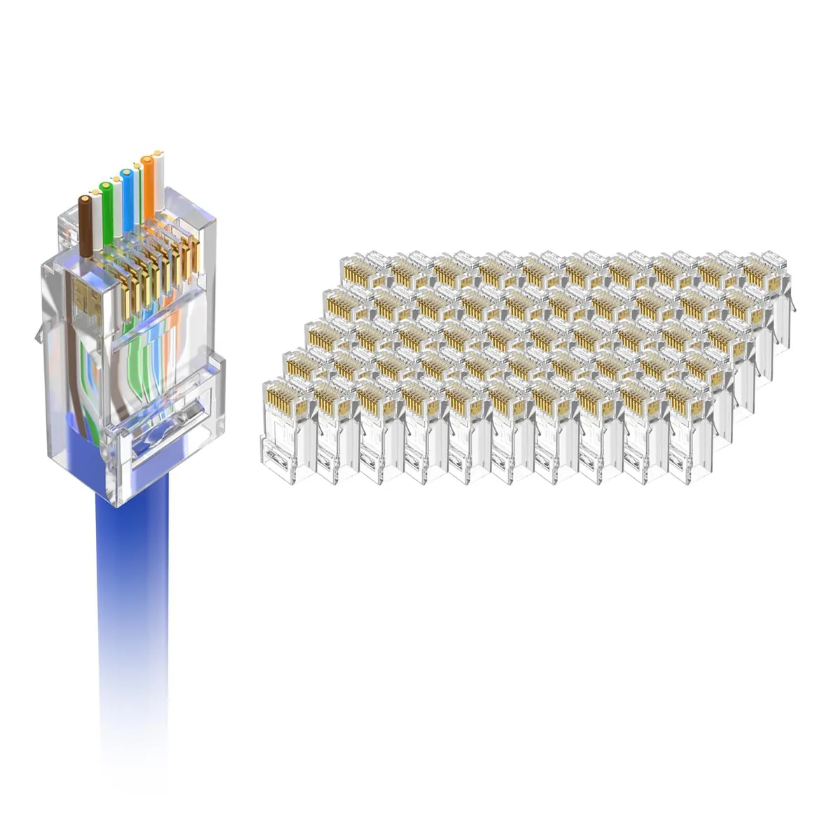 Clear plastic RJ45 pass-through connectors, 50 pieces