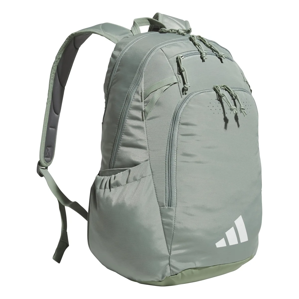 Black polyester backpack, rectangular shape, 33 litre capacity, water-resistant base, multiple zippered pockets