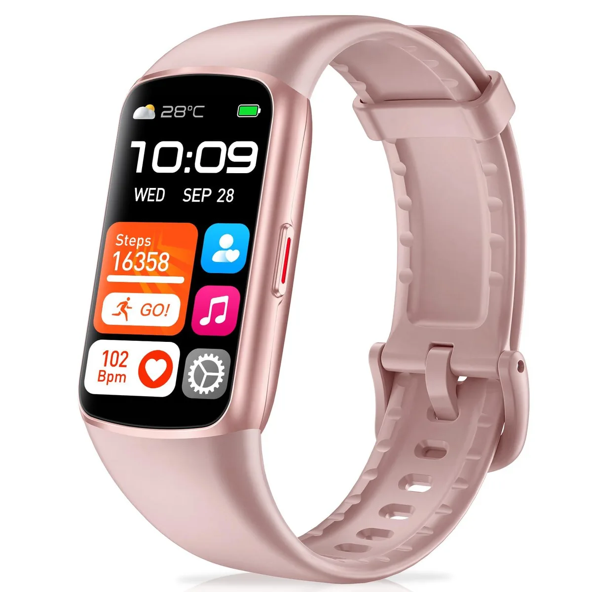 Black rectangular smartwatch with 1.04 inch touchscreen and dark strap