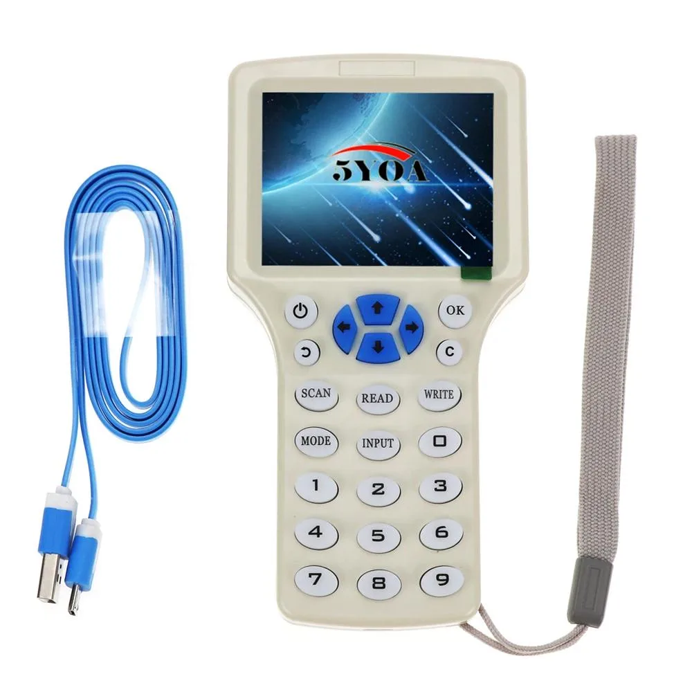 Handheld RFID duplicator with 2.9 inch colour screen, metal body, USB port and battery compartment
