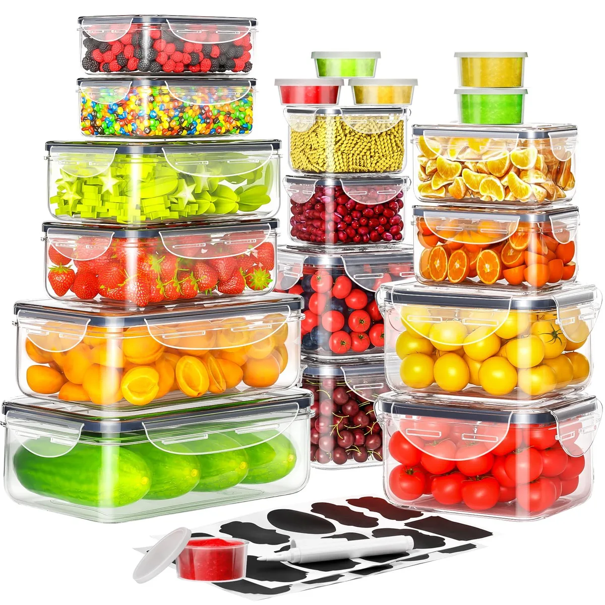 Clear rectangular plastic food containers with matching lids, twenty sets stacked together