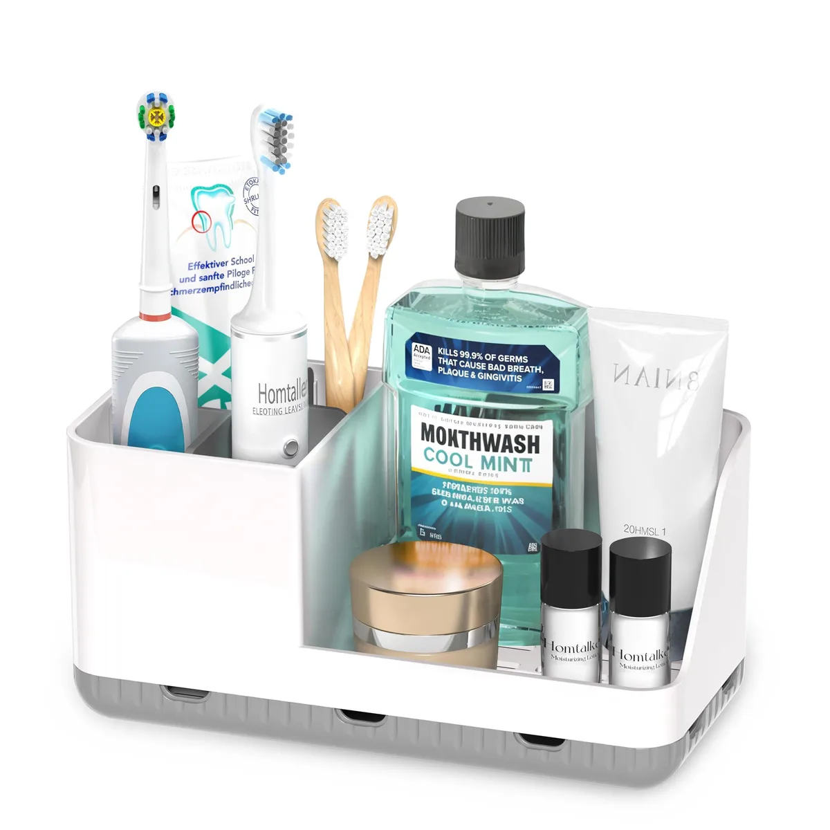White-grey plastic freestanding bathroom organiser with four compartments, detachable base, drainage grid and anti-slip pads