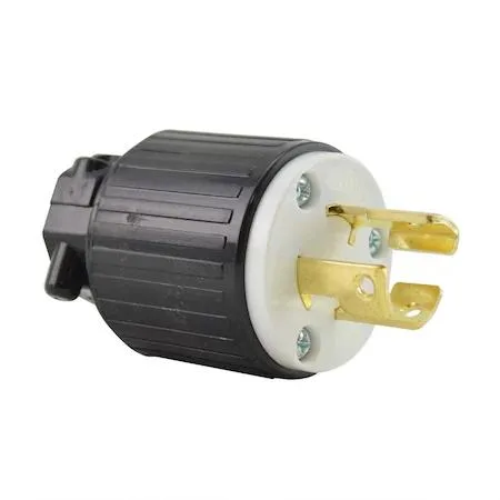 Black twist-lock plug with three prongs and spring-clamp terminals