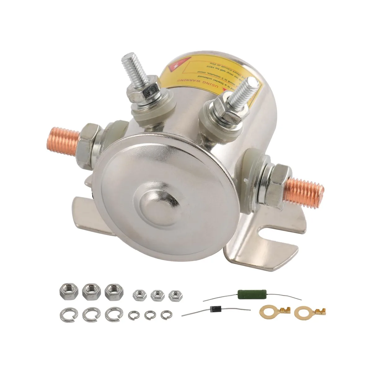 Nickel-plated cylindrical solenoid relay with four copper terminals and mounting bracket