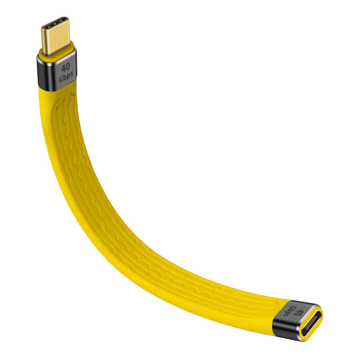 Short yellow USB-C extension cable with flat silicone body and male-to-female connectors