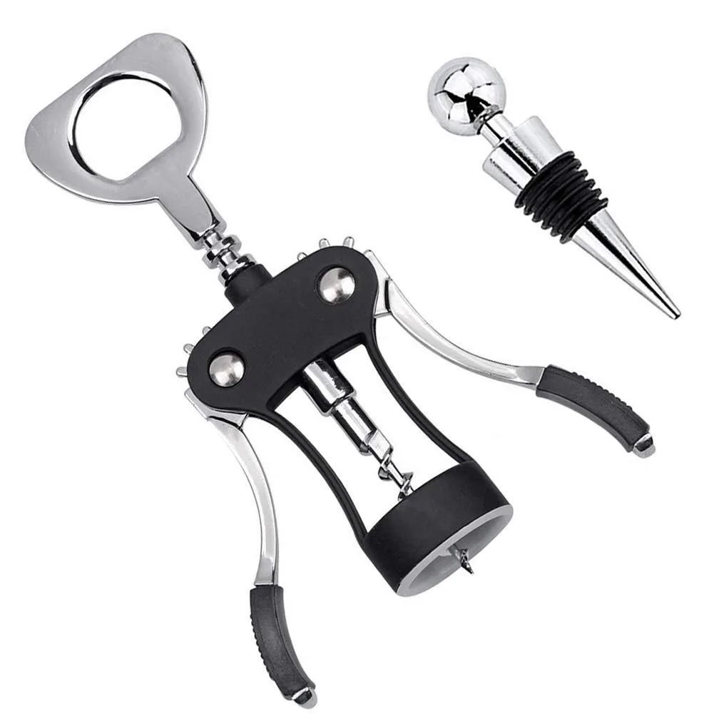 Black zinc alloy wing corkscrew with stainless steel spiral and chrome stopper