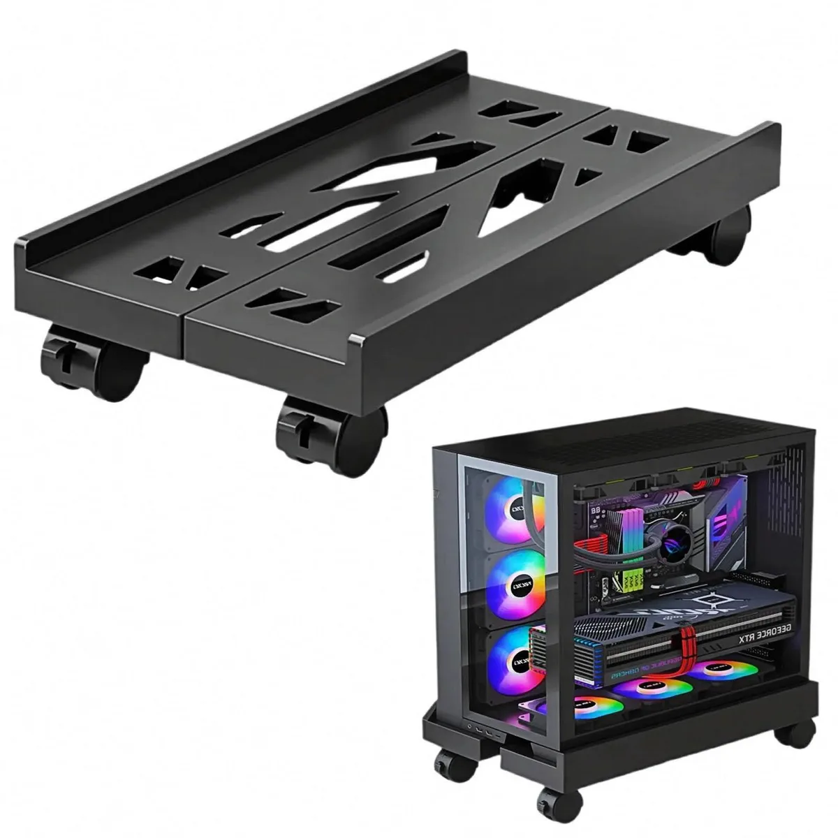 Black adjustable metal CPU stand on four caster wheels, width 7.87 to 11.81 inches, ventilated sides