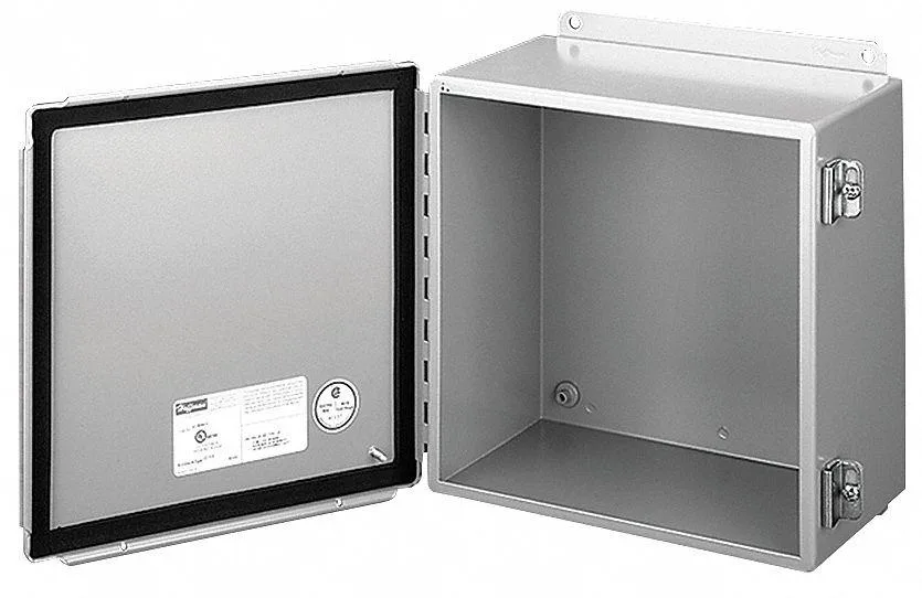 Gray powder-coated carbon steel electrical enclosure with hinged solid cover and screw-down clamps