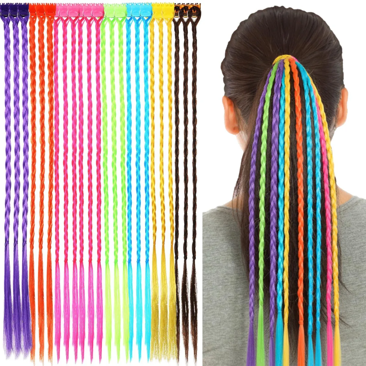 Twenty-one neon braided hair extensions with small clips, 33 cm long, in seven colours