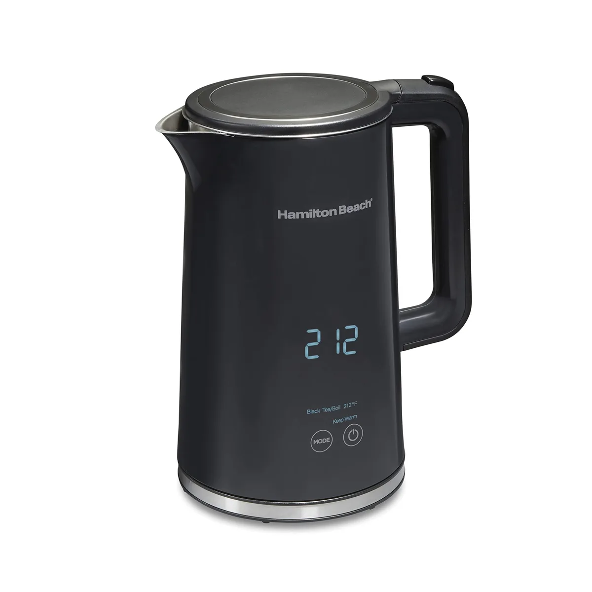 Black electric kettle with digital display and cool-touch exterior