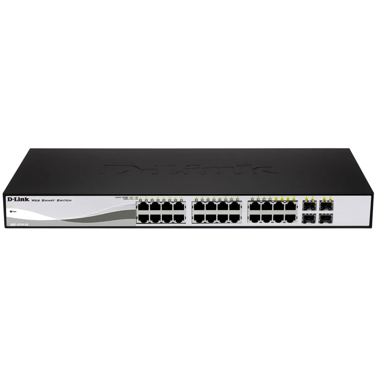 Silver rack-mountable 28-port network switch with front-facing ports and indicator lights