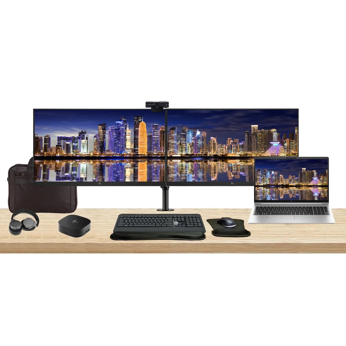 HP HP ProBook 450 G10 i7 16GB 512GB bundle dual 27" monitors dock keyboard mouse webcam headphones bag — product photo