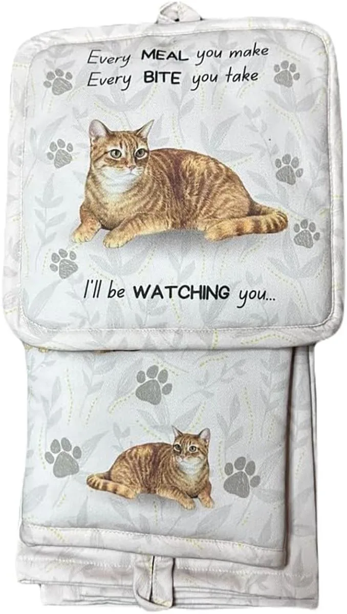 Three-piece kitchen set with tabby orange cat print including oven mitt, pot holder and towel