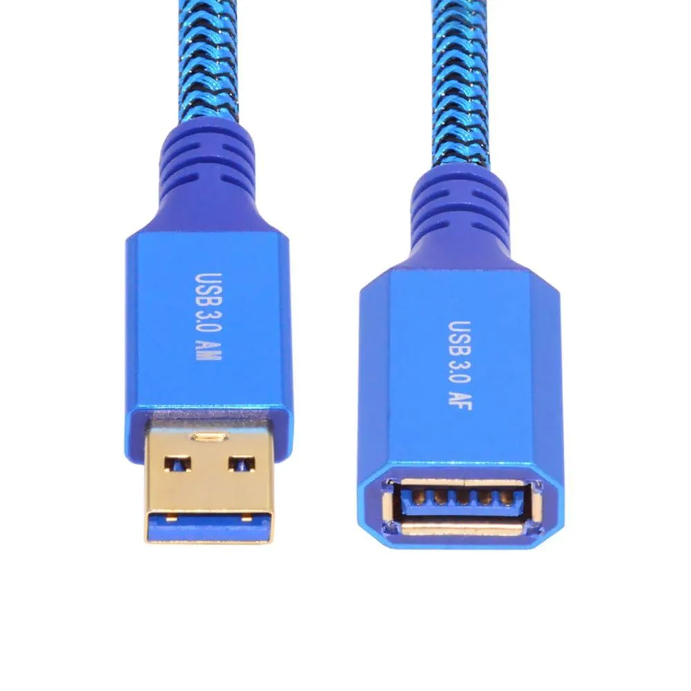 Blue braided USB 3.0 extension cable with silver male and female Type-A connectors, 0.6m length