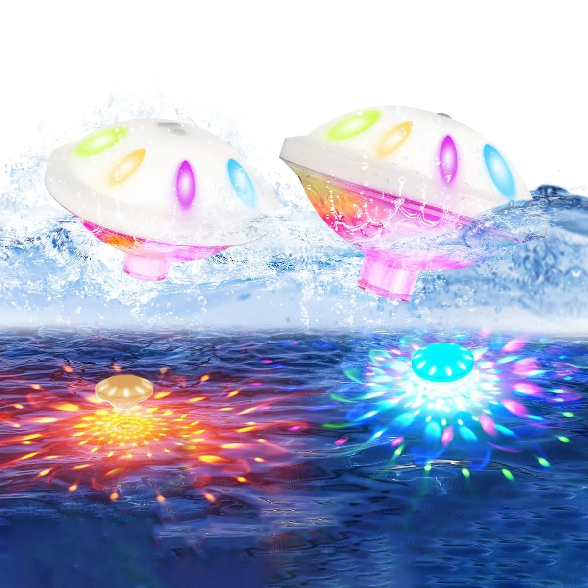 Two white acrylic floating pool lights, oval shape, suspended installation, LED, rechargeable USB-C, IP68 waterproof