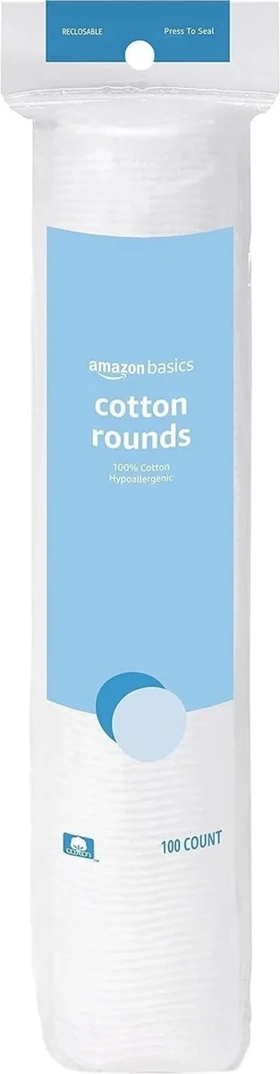 White cotton rounds in a rectangular pack, 100 count