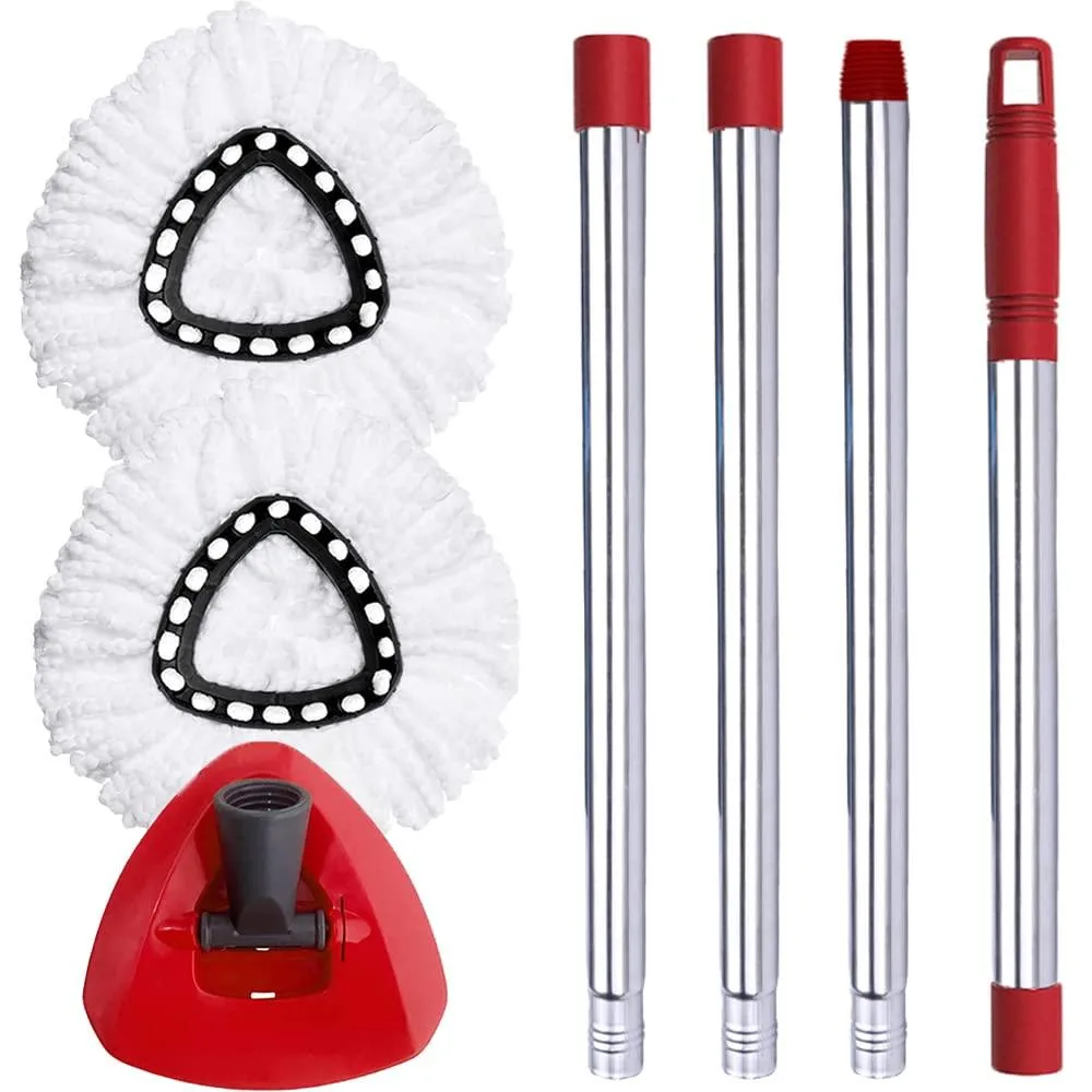 White microfiber spin mop head with triangle base and silver telescopic handle sections