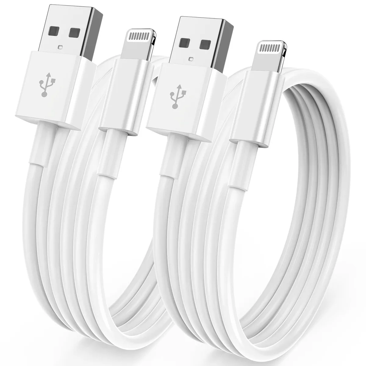Two white Lightning to USB-A cables coiled together