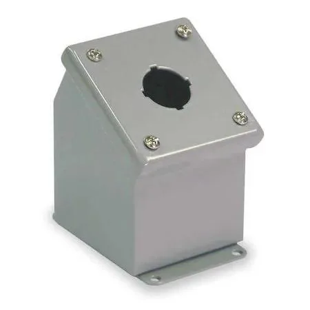 Gray steel sloping-front pushbutton enclosure 3.25in wide with 30mm hole