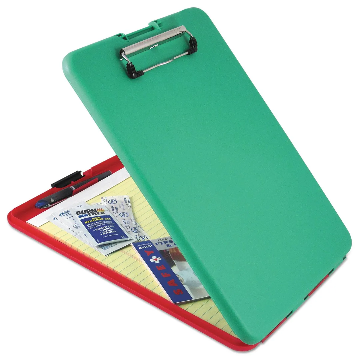 Red and green plastic clipboard with storage compartment and top clip
