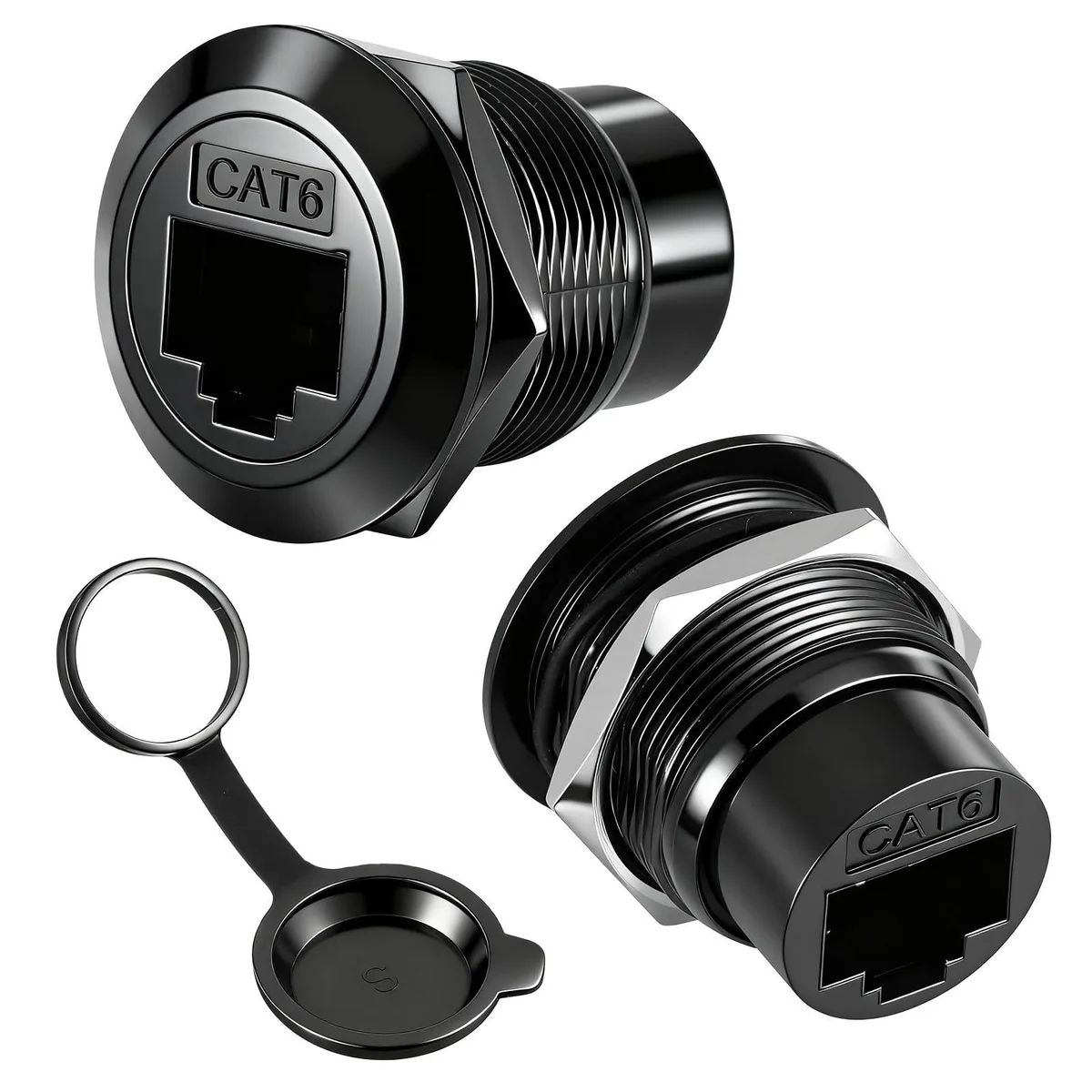 Two black zinc-alloy RJ45 panel-mount couplers with IP67 caps