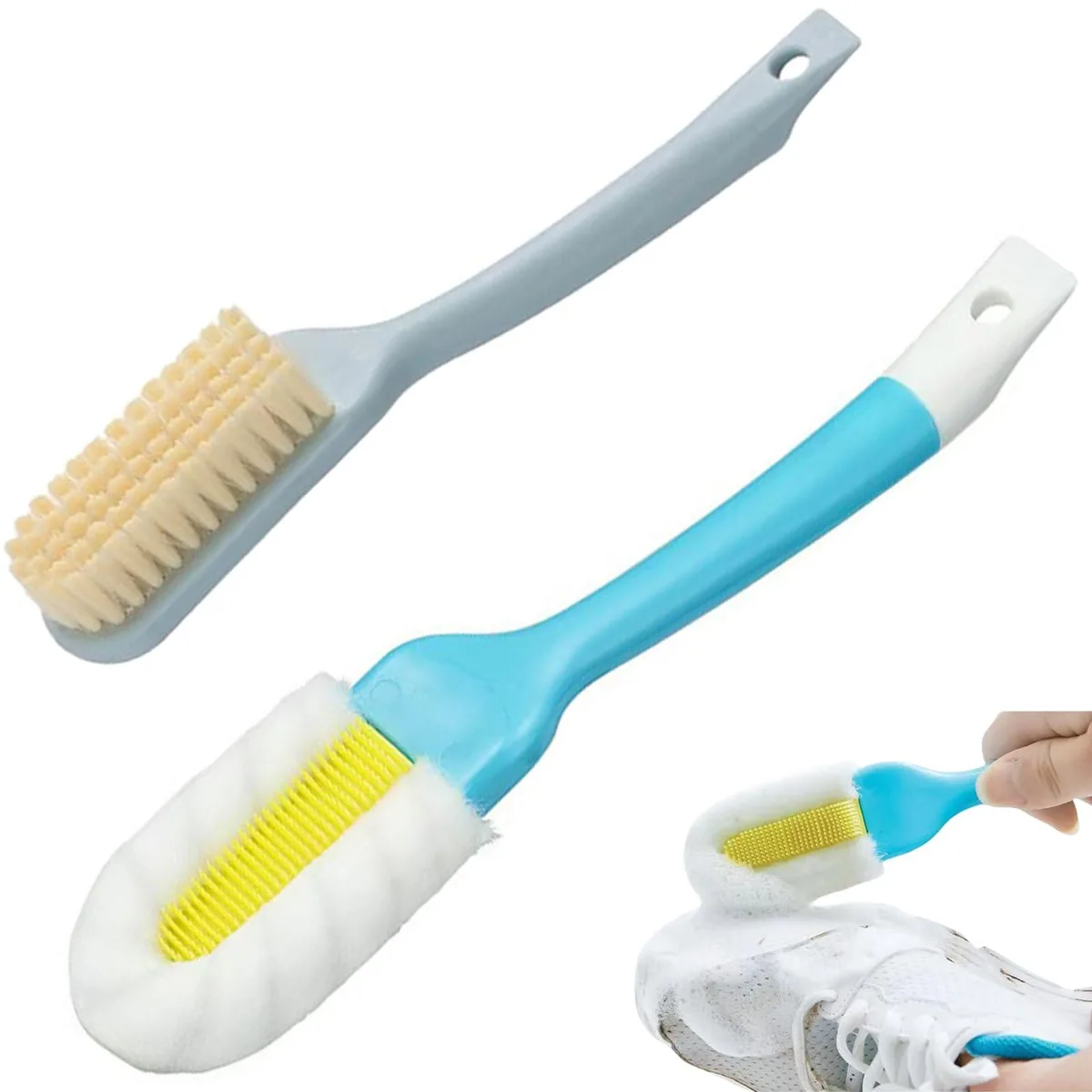 Two shoe cleaning brushes, one white with mixed bristles and one blue with nylon bristles, long handles