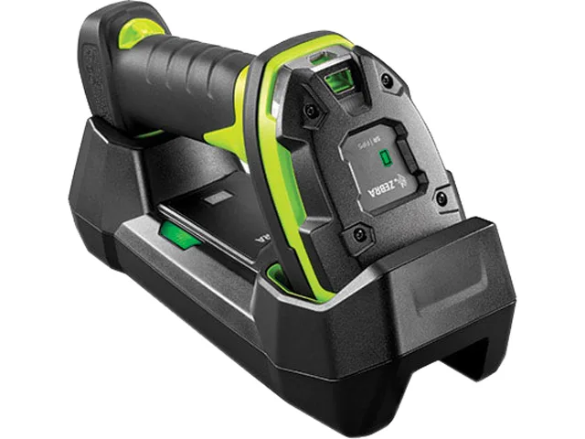 Yellow handheld cordless barcode scanner with trigger, angled imager window and rubberised grip