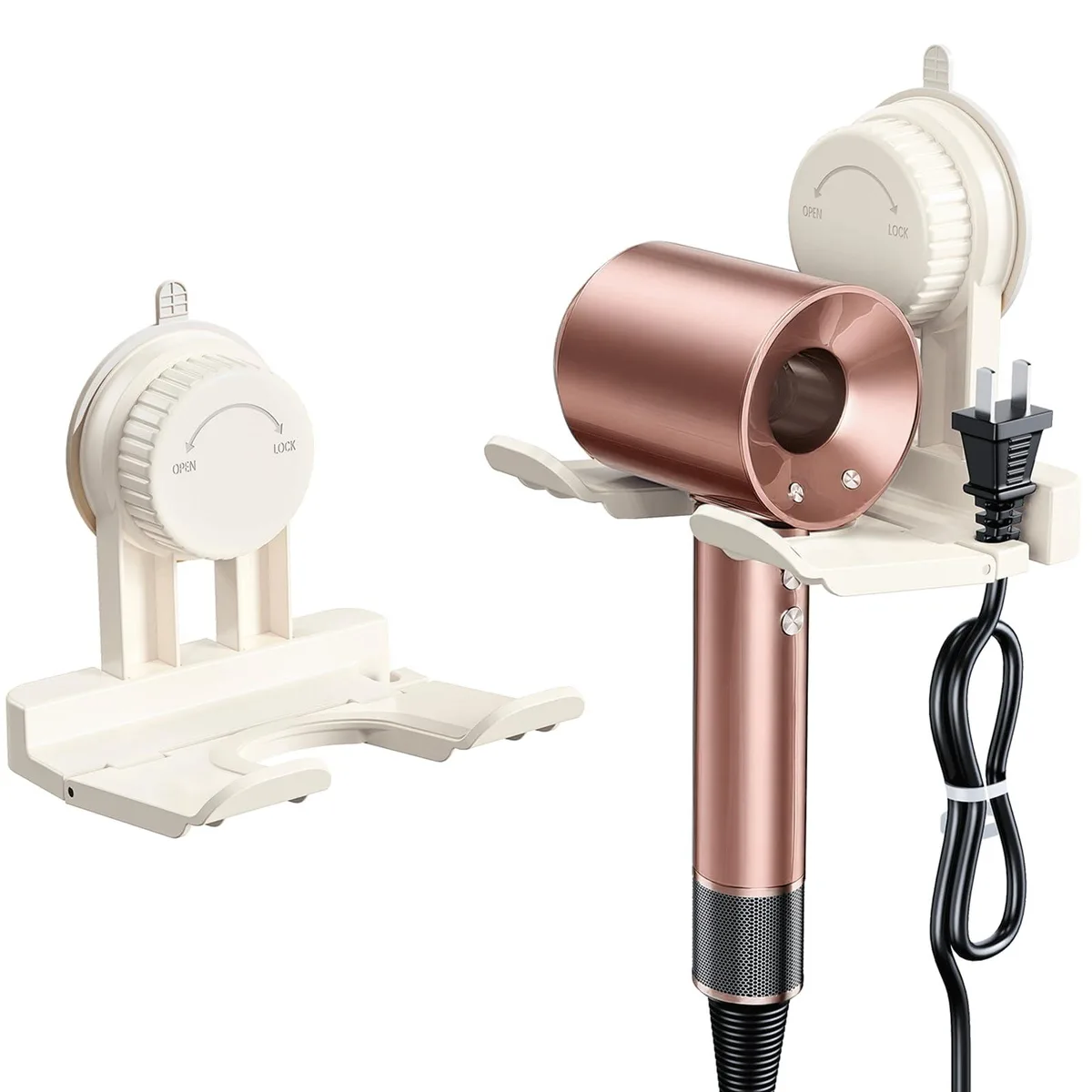 White plastic wall-mounted holder with suction cup, foldable hook, and cord organiser, 5.1 by 5 by 4.7 inches