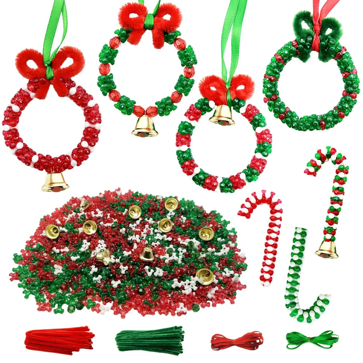 Clear box holds 1350 red green white tri beads gold bells pipe cleaners ribbons