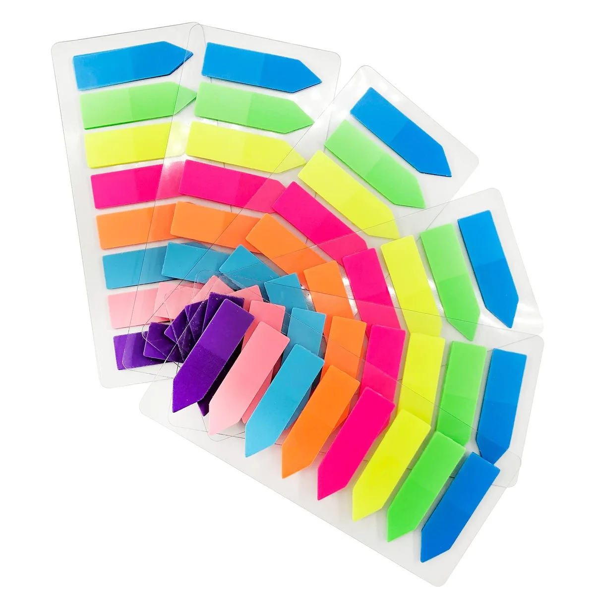 Six packs of neon arrow flags and square sticky tabs in a clear box