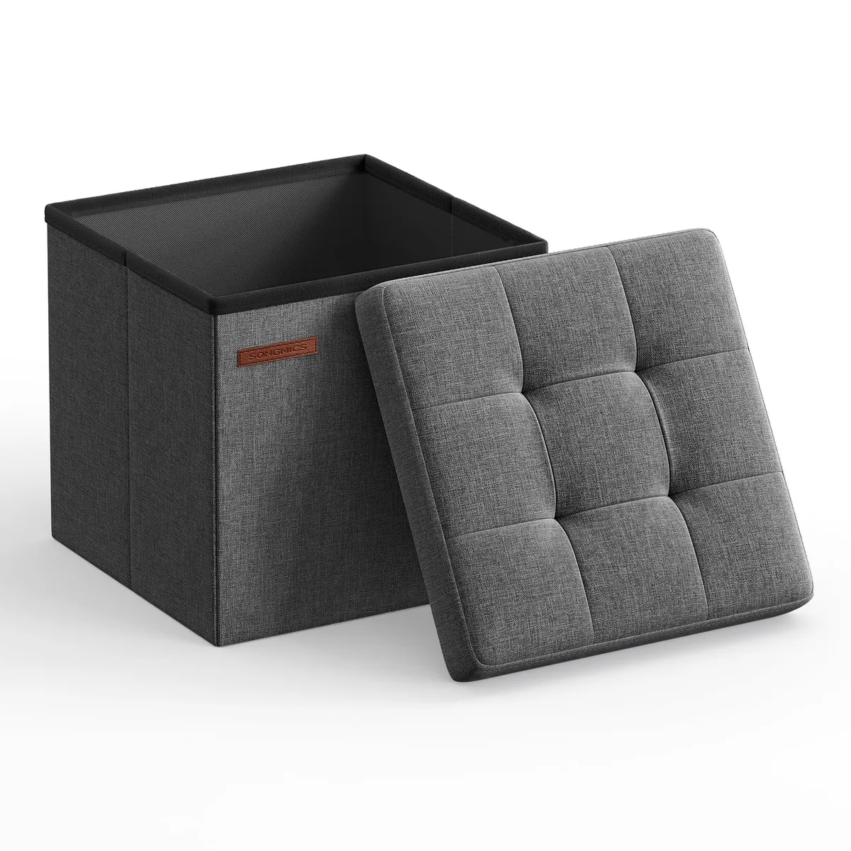 Square dark gray fabric storage cube with tufted lid, 11.8 inches on each side