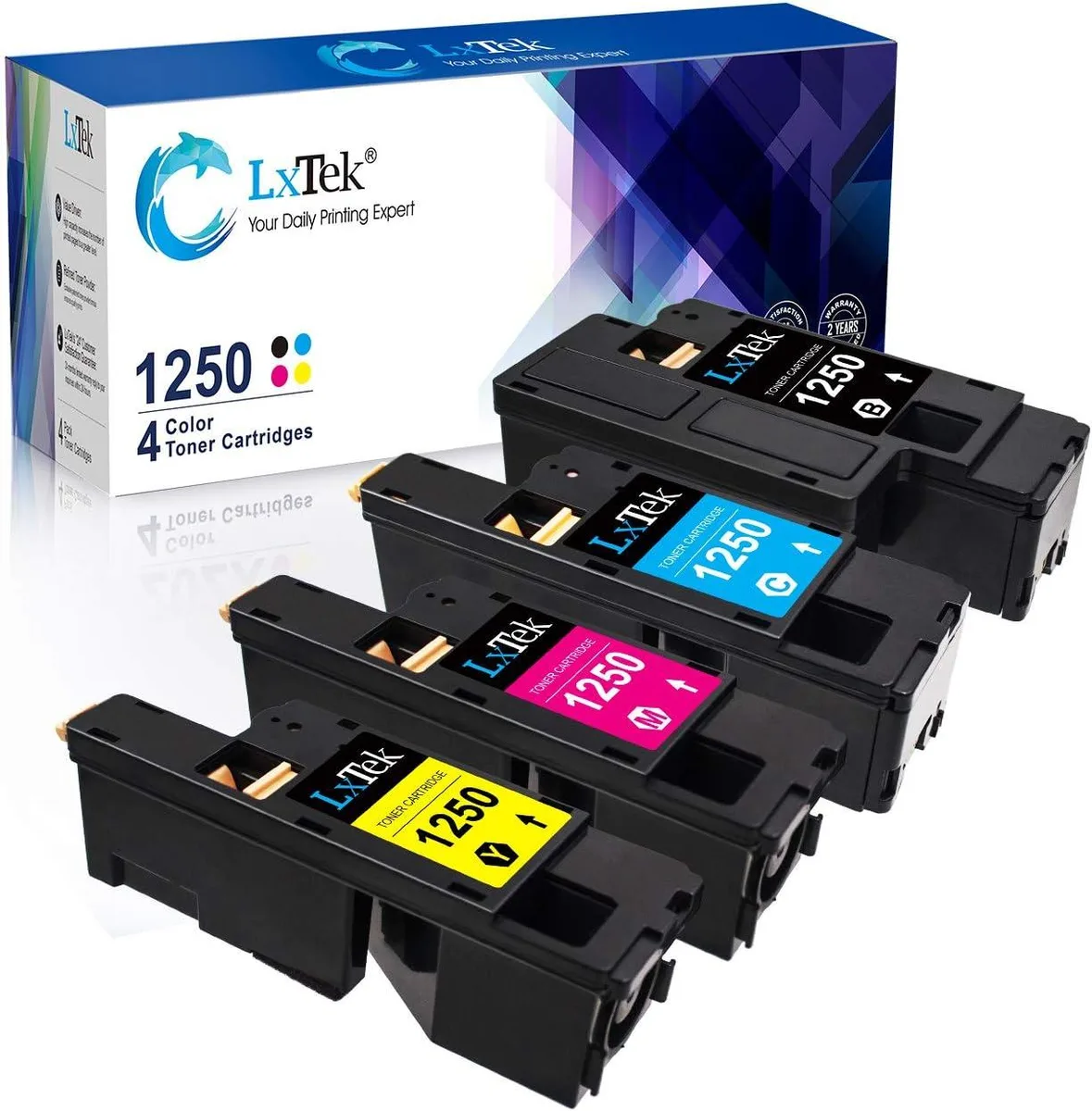 Four rectangular toner cartridges in black, cyan, magenta, yellow side by side