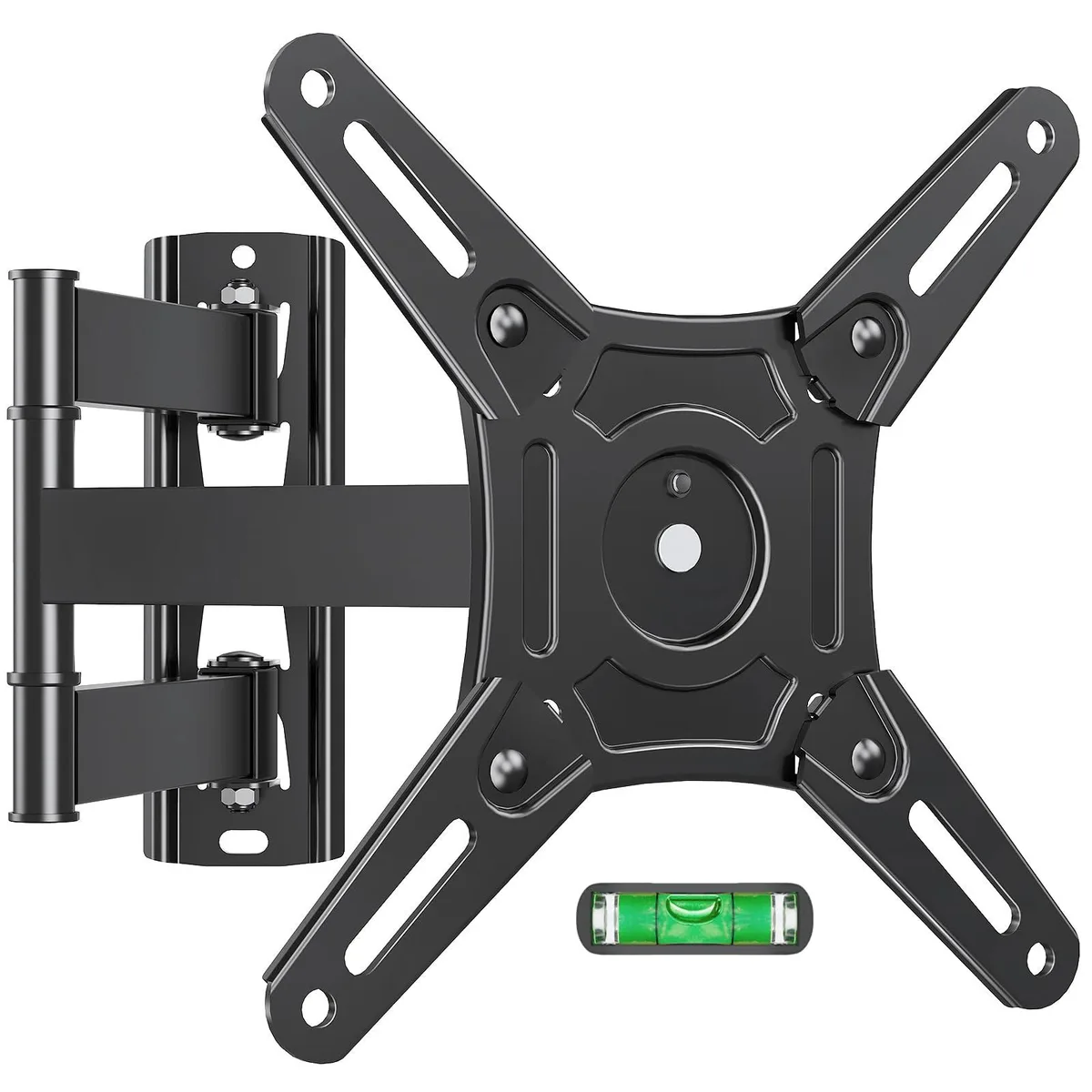 Black steel full-motion TV wall bracket with three articulated arms extended 14.8 inches from mounting plate