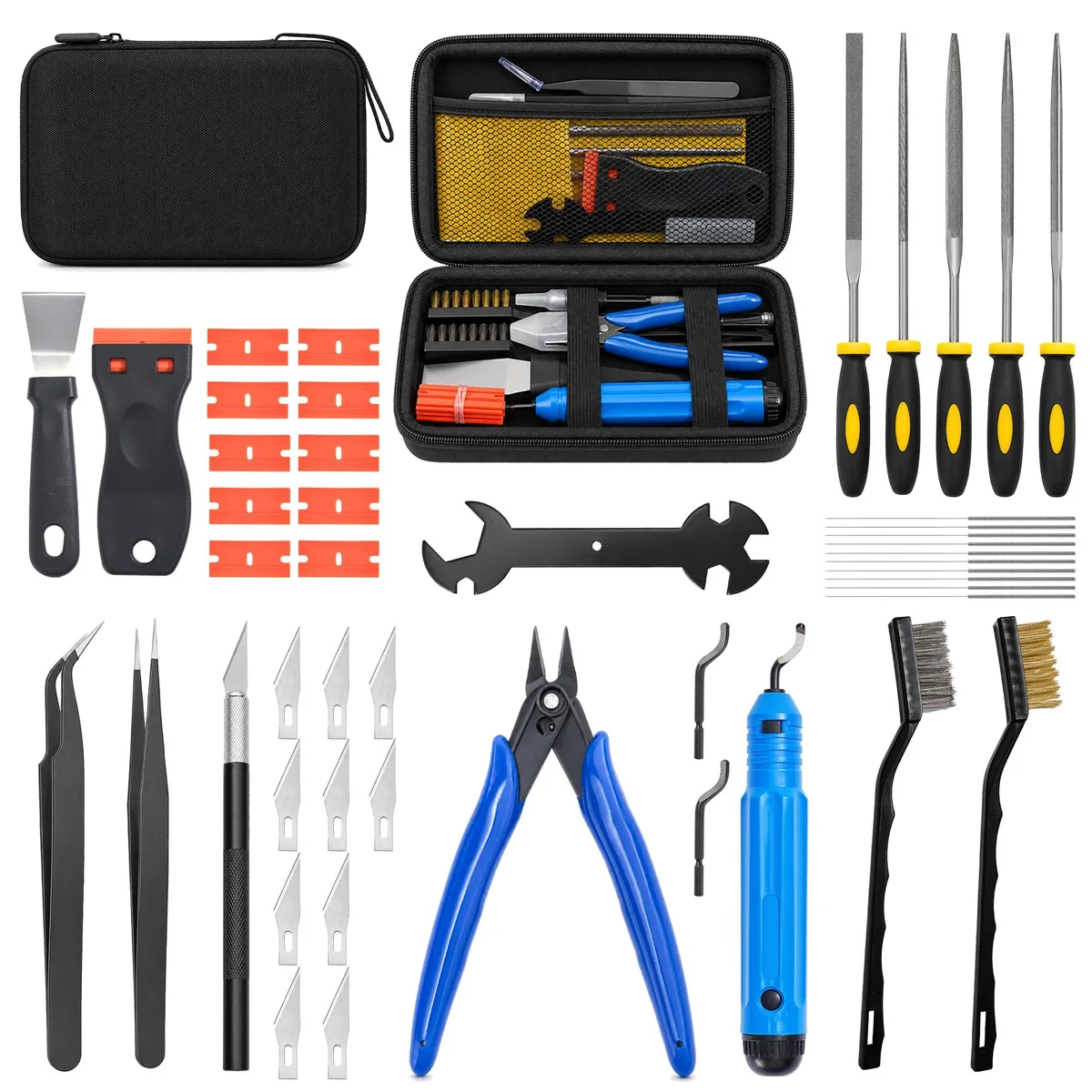 Open black EVA case showing 46 metal and plastic 3D printer tools in fitted compartments