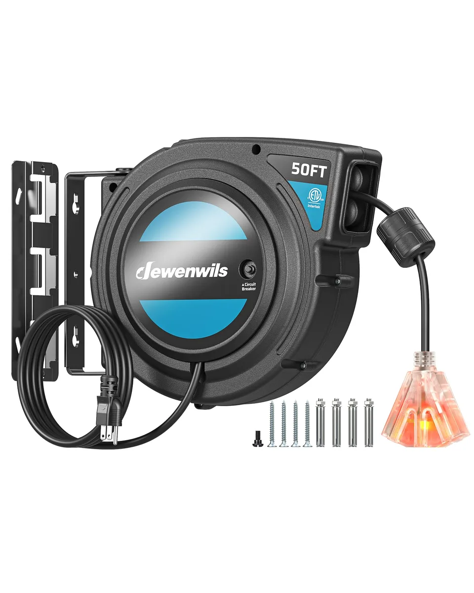Black retractable cord reel with yellow triple-tap outlet and swivel bracket