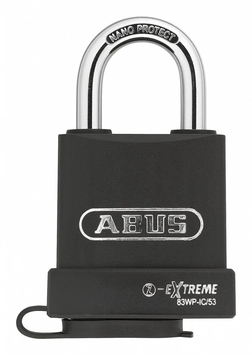 Rectangular black hardened steel padlock with standard steel shackle, coreless interchangeable core cylinder