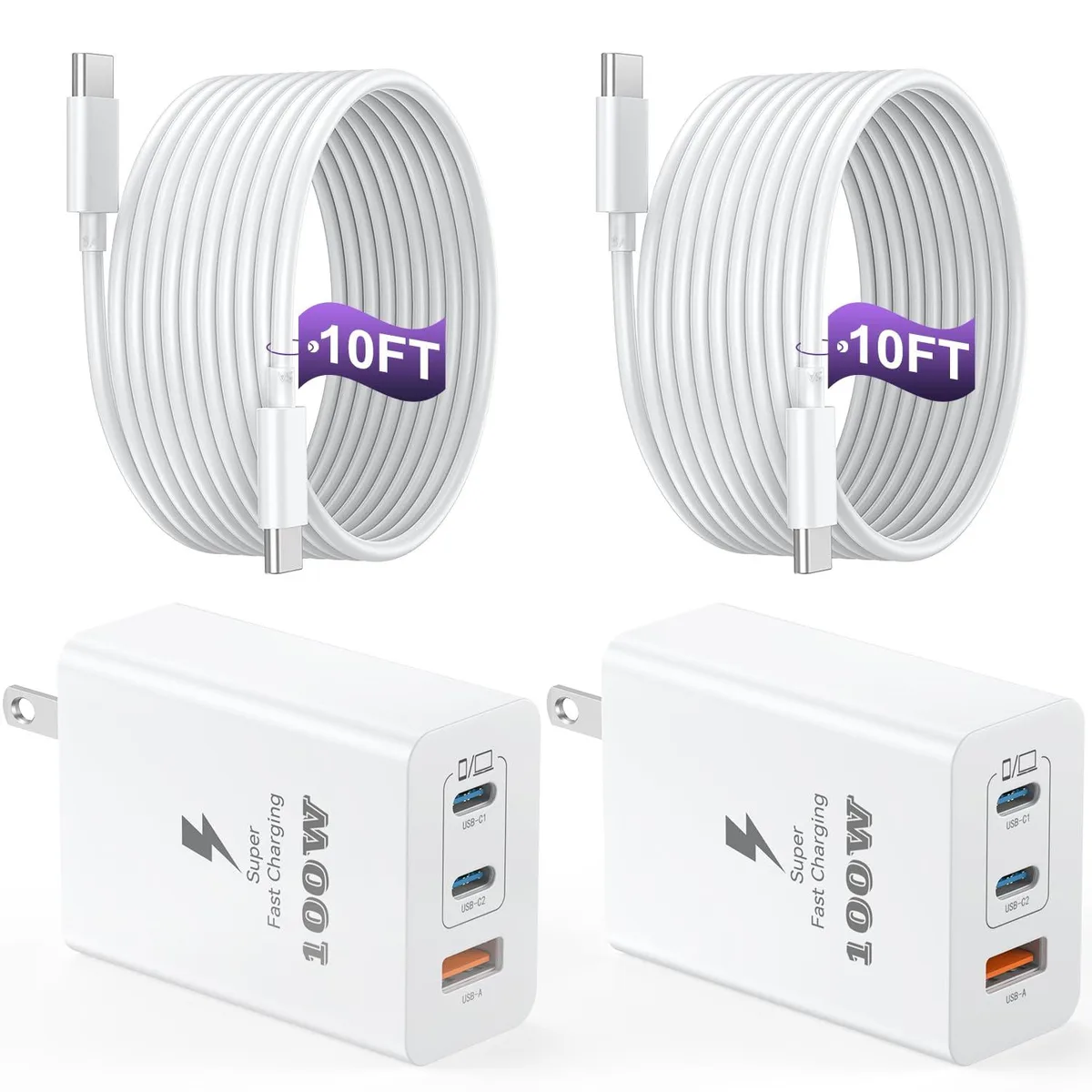 Auorld XHD-PD100W2C1A 100W 3-Port GaN USB Charger White 2-Pack with 10ft Cable — product photo