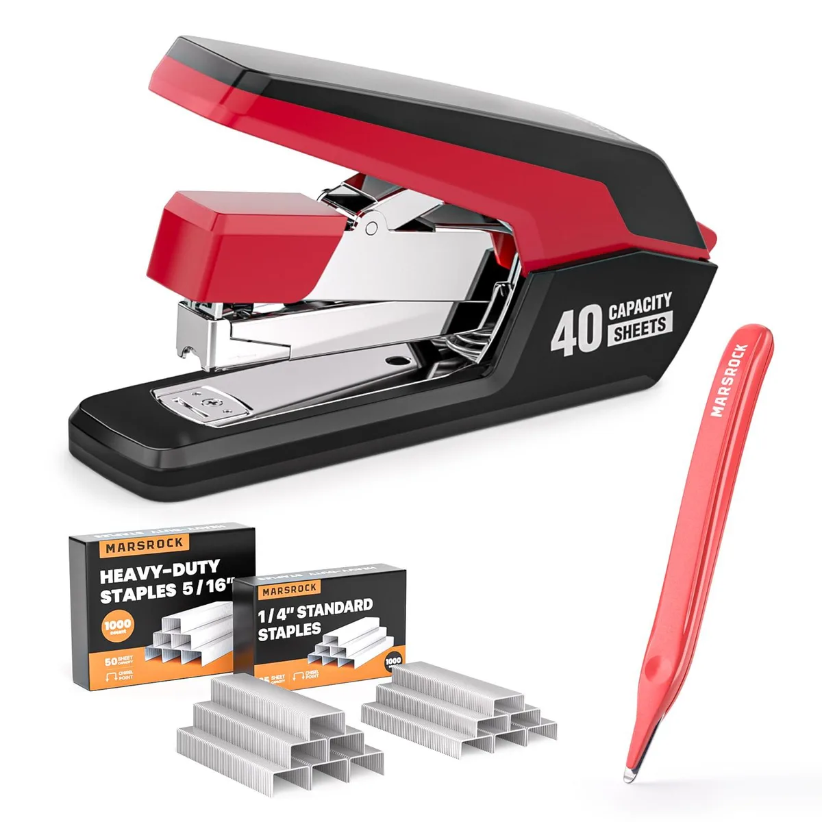 Red desktop stapler with ergonomic grip and non-slip base
