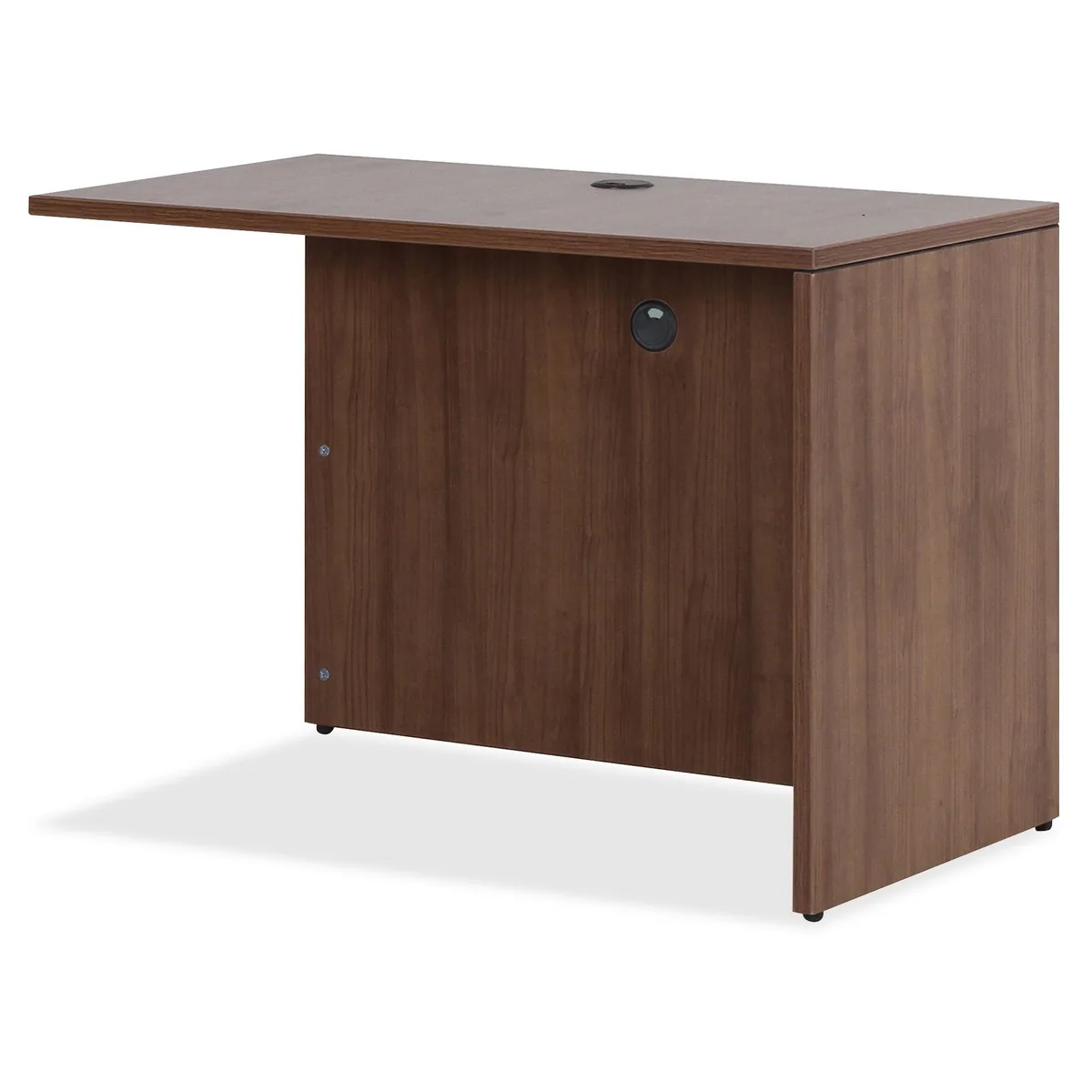 Walnut laminate desk return with PVC edges and grommet