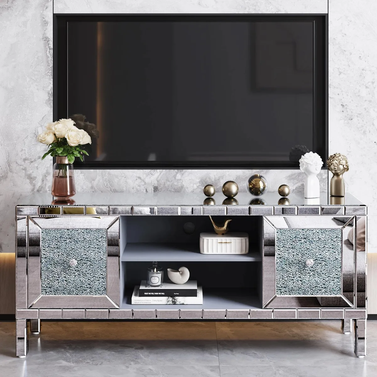 tuphen tuphen 60" Mirrored TV Stand Crushed Diamond Glass Doors 65" TV Home Entertainment — product photo