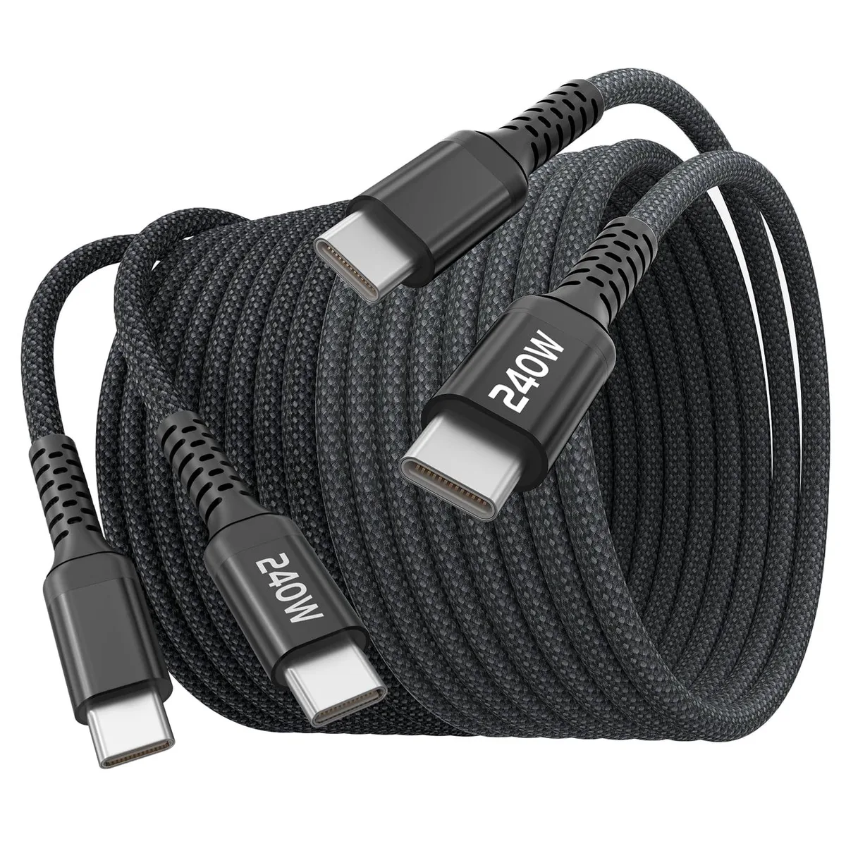Two black and grey braided USB-C cables coiled together