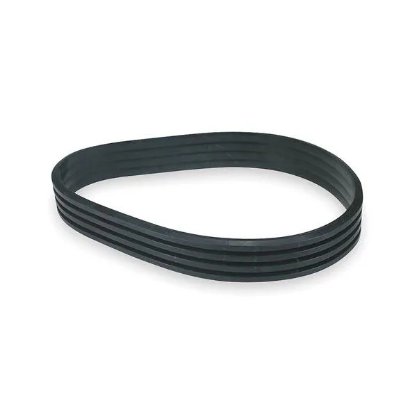 Black rubber banded V-belt with four wrapped ribs, 139.8 inches outside length, 2 43/64 inches top width