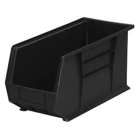 Black plastic storage bin with molded label slots and divider slot