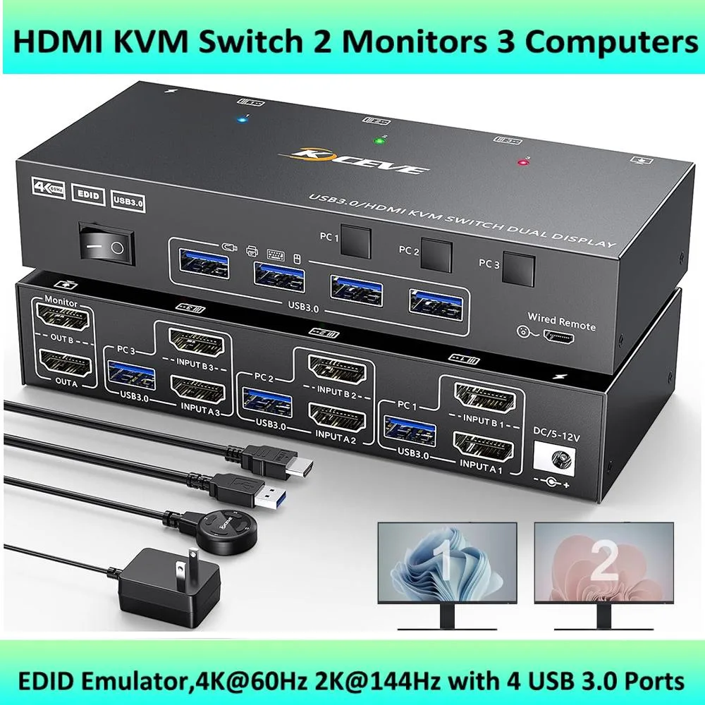 Hitoor Hitoor HDMI KVM Switch 3 Computers 2 Monitors 4K@60Hz USB 3.0 — product photo