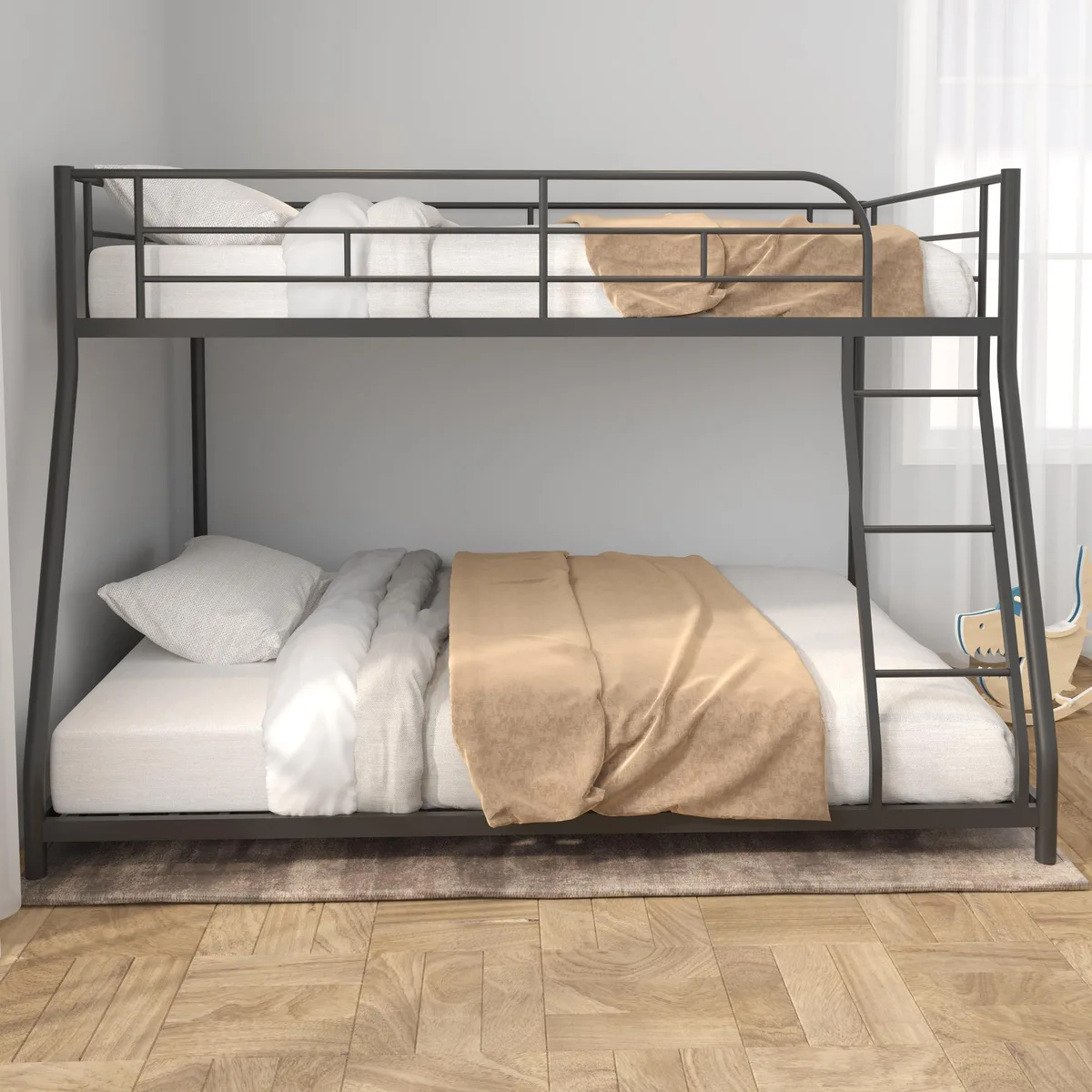 Black steel twin-over-full bunk bed with guardrails, ladder and wooden slats