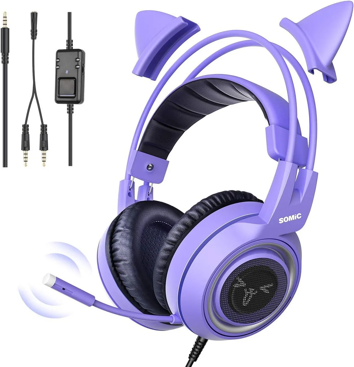Corn Electronics Corn Electronics G951S Purple Wired Headset 3.5mm Detachable Cat Ear — product photo