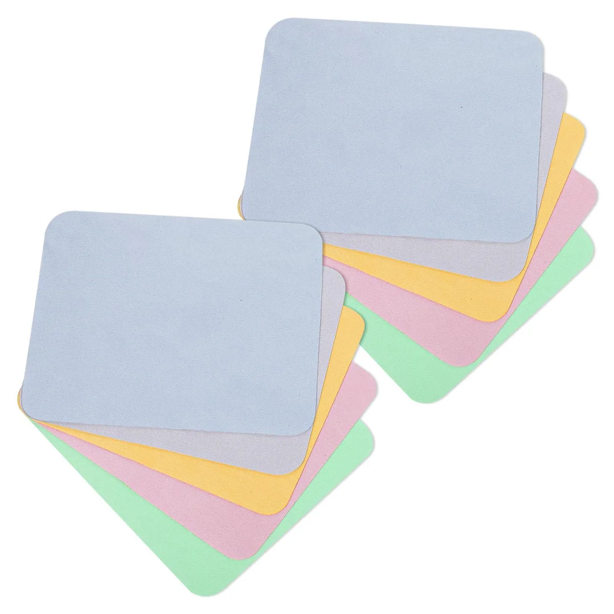Ten suede microfiber cloths in assorted colours, each 18 by 15 centimetres, loose in a clear bag