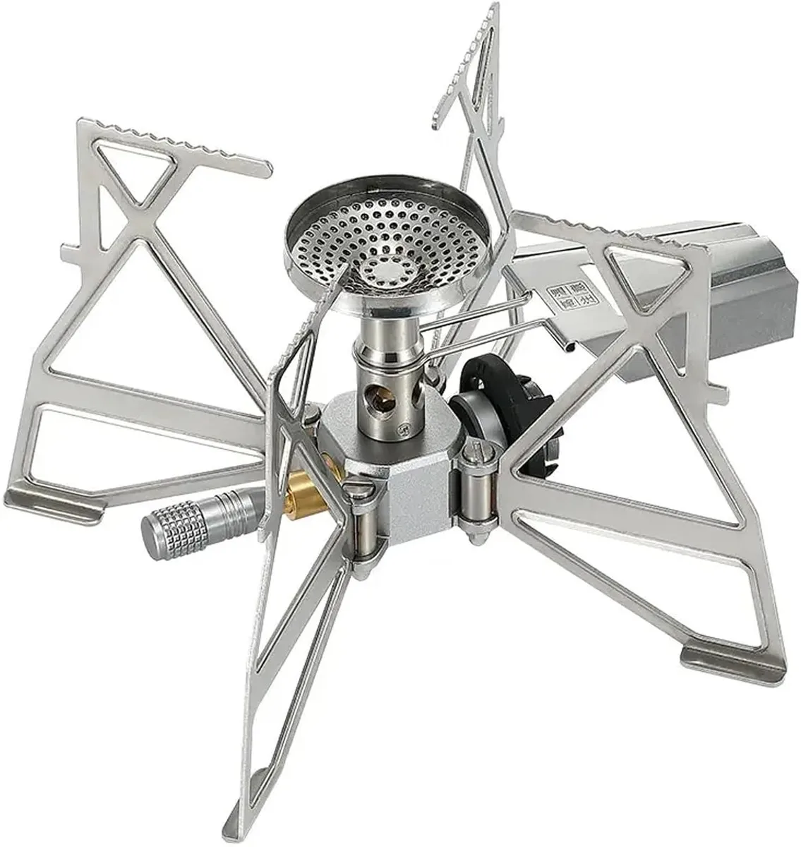Silver butane camping stove with foldable arms and storage bag
