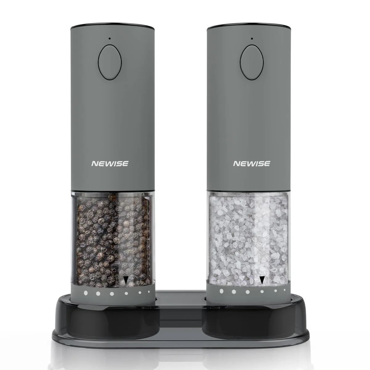Pair of grey electric salt and pepper grinders, 2.01 inches wide by 7.8 inches tall, stainless steel finish
